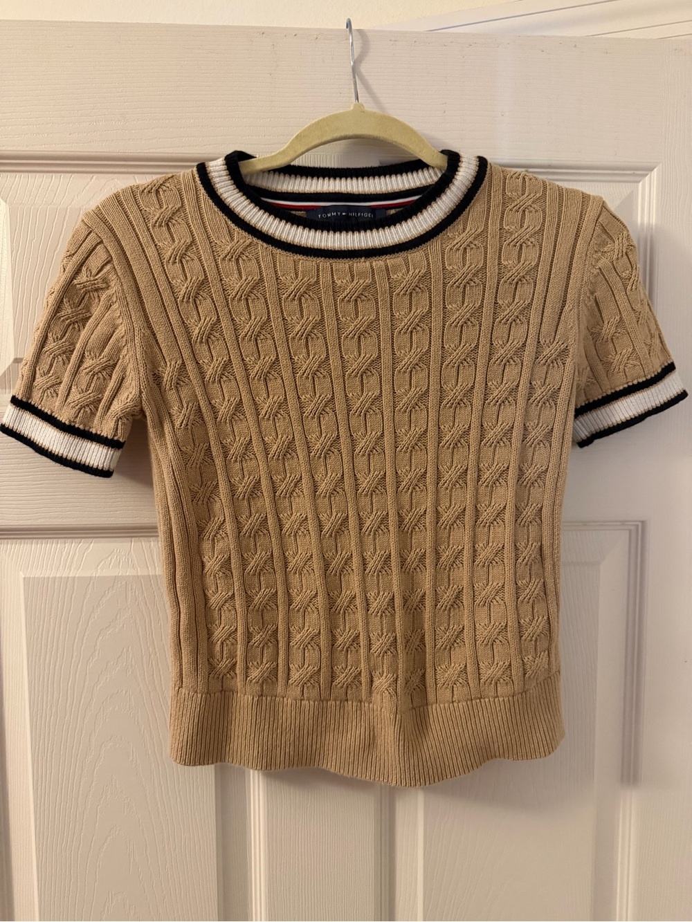 Tommy Hilfiger Tan Cable Knit Short-Sleeve Sweater with Contrast Trim